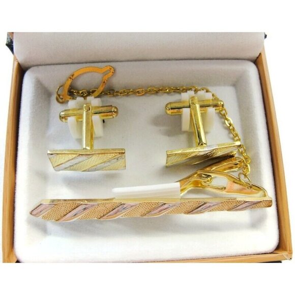 Cufflinks Set w Neck Tie Clip Gold Tone Unique Design Shirt Suit Vintage IOB - Picture 6 of 10